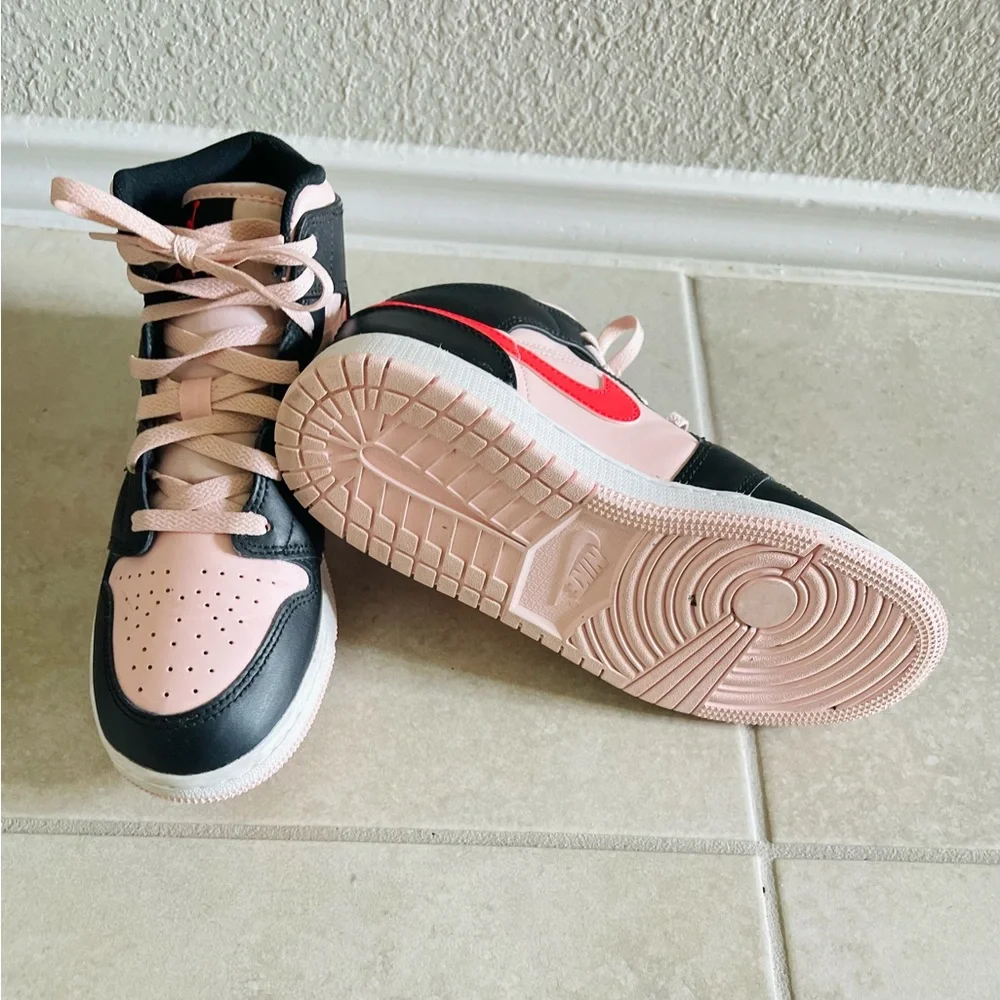 Nike Kids Black and Pink High-Top Sneakers with Red Swoosh